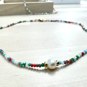 Crystal Choker Necklace with Center Cultured Pearl